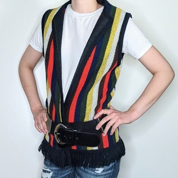 Vintage knit sweater vest cardigan hippie 70's red black stripe open front - Picture 1 of 5
